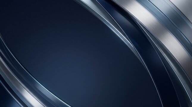 Abstract background in dark navy blue tones with silver metallic curves along the edges and shimmering highlights.