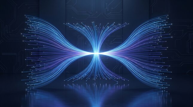 Abstract digital background featuring glowing blue and purple light lines that converge and diverge symmetrically, resembling moving fiber-optic strands against a dark background.