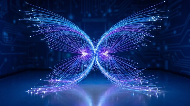 Glowing digital butterfly formed by optical fibers in shades of blue and purple against a dark background with circuit patterns.