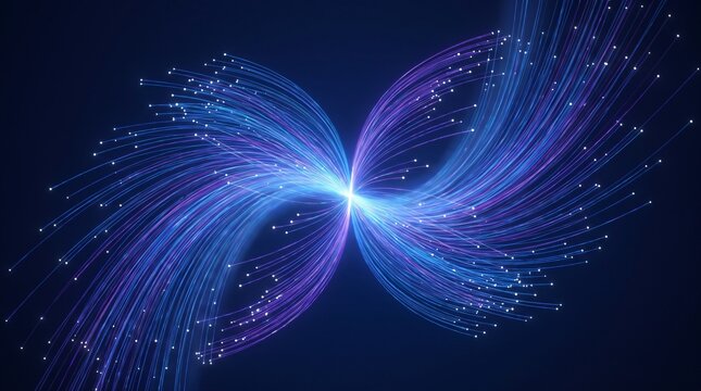 Abstract background of optical fibers or streams of luminous data in shades of blue and purple converging toward a bright central point.