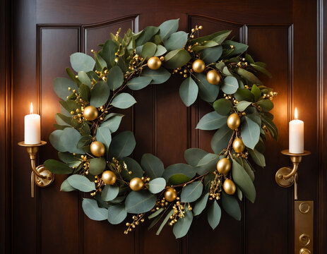 Eucalyptus wreath with gold berries and fairy lights