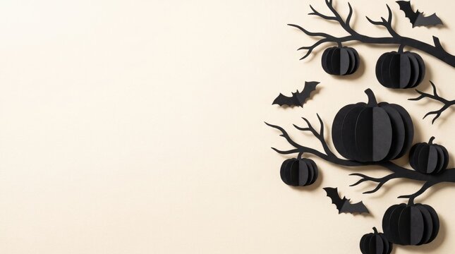 Spooky Halloween tree with black paper pumpkins and bats on a light background.