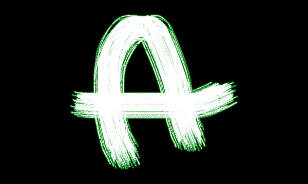 Letter A white brush stroke typography with green glowing outline on black background, hand painted grunge alphabet, bold calligraphy lettering, dry brush texture, uppercase capital A