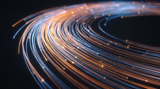 Abstract background of glowing optical fibers emitting beams of light in shades of blue and orange.