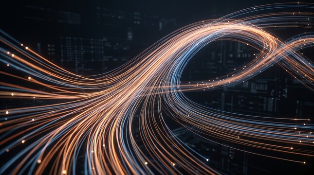 Abstract background of glowing optical fibers emitting beams of light in shades of blue and orange.