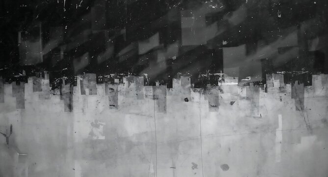 Abstract black and white textured background with geometric rectangular shapes and distressed surface details