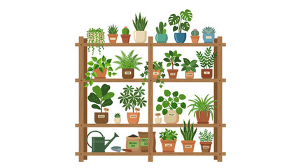 Wooden Shelf with Potted Houseplants and Gardening Tools © Kalung