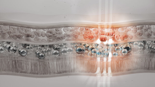 Scientific illustration of laser light targeting skin layers and cells, representing advanced laser therapy, collagen stimulation, skin rejuvenation, anti-aging treatment and dermatological technology