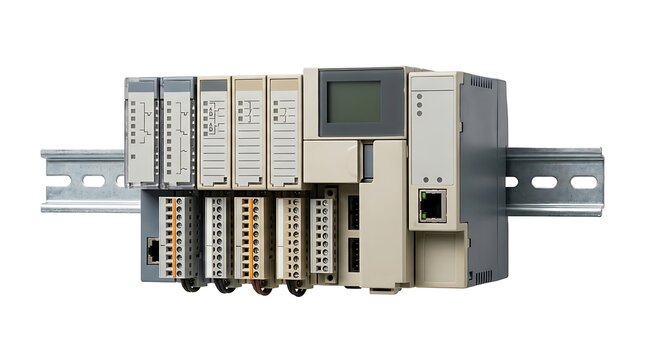 Programmable Logic Controller PLC System Rack with Communication Modules for Factory Automation Isolated on White Background