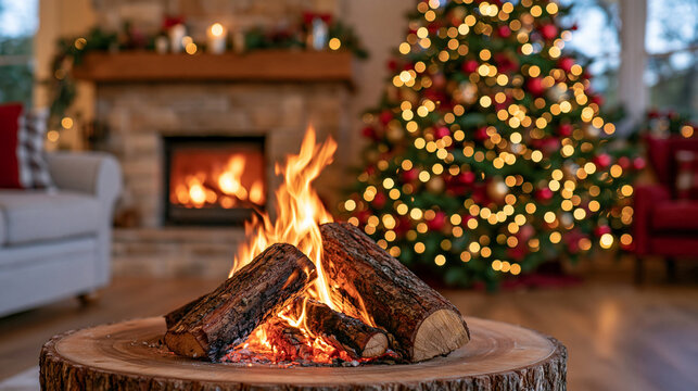 Intentionally defocused background of a cozy cabin-style living room decorated for Christmas, wide full-room interior view, entirely blurred with soft silhouettes, glowing Christmas tree lights, rus