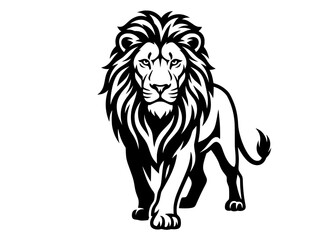 Obraz premium Majestic lion vector illustration, black and white big cat mascot logo, powerful wild predator line art, athletic team emblem icon