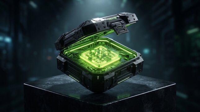 Futuristic encryption microchip designed like a secure digital vault, featuring acid green processor illumination and layered cybersecurity circuitry