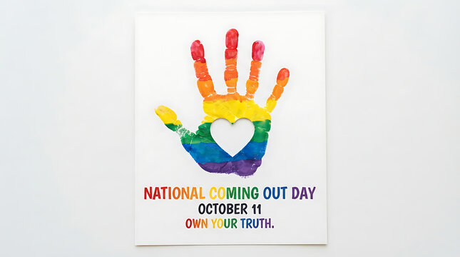 A white square card shows a rainbow handprint &mdash; red fingers to violet palm &mdash; with an empty white heart in the palm, above red "NATIONAL COMING OUT DAY," black "OCTOBER 11," and red "OWN YOUR TRUTH," 