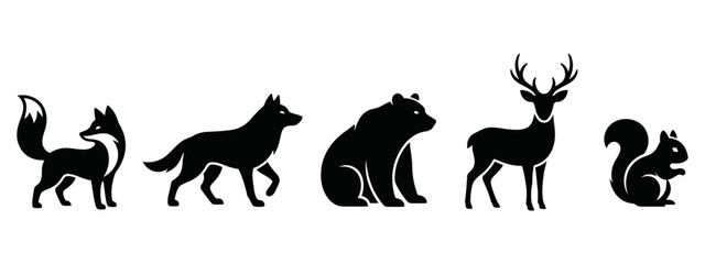 Obraz premium Silhouette of a fox wolf bear deer and squirrel in a row