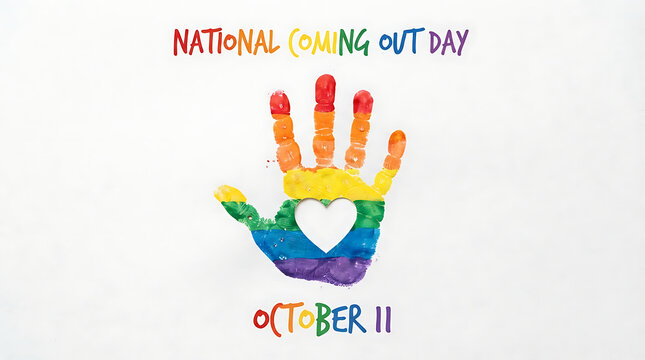 red "NATIONAL COMING OUT DAY" and "OCTOBER 11.", a white background a rainbow-pride handprint appears &mdash; blue and purple palm with a white heart cutout, orange, yellow, and red fingers