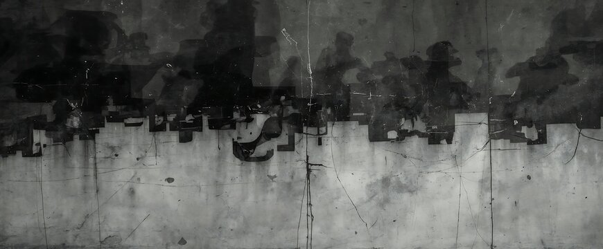 Abstract grunge background with dark ink splashes and distressed texture on a weathered concrete wall surface