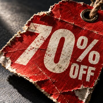 A close-up macro shot of a distressed, torn red price tag displaying '70% OFF' with textured paper and frayed edges, highlighting a significant discount.