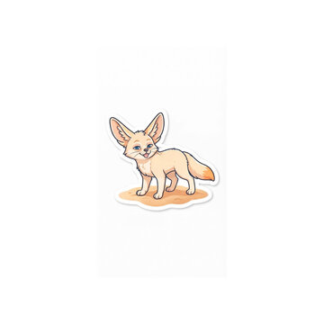 Rubah Fennec Walk - 1 Bright beige furry cartoon fennec fox illustration sticker with its distinctive big ears, blue eyes, and tongue sticking out adorably on the sand on a white background. Ask furth
