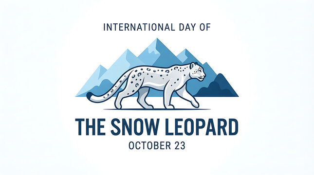 "INTERNATIONAL DAY OF" above an illustration of a white snow leopard with black spots and a long tail walking before light blue and dark blue stylized mountains with white peaks, with "THE SNOW LEOPAR