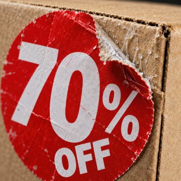 Discount sticker with bold white text on red paper is peeling off a brown cardboard shipping box, illustrating a clearance sale or shipping promotion.