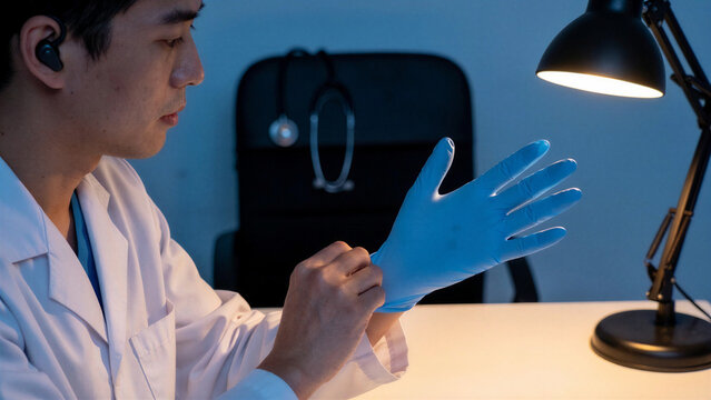 Asian doctor with blue medical gloves being removed at office desk late at night after shift.