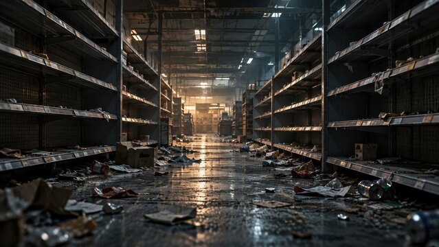 Warehouse interior features empty metal shelves and scattered debris illuminated by dim industrial lighting.
