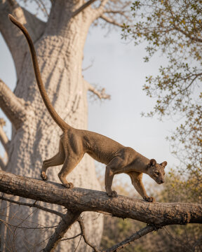 Fossa en &eacute;quilibre sur une branche de for&ecirc;t malgache