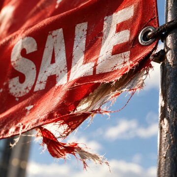 Sale flag hangs weathered and frayed in the bright sunlight, displaying a bold white message on a textured red fabric against a clear blue sky.