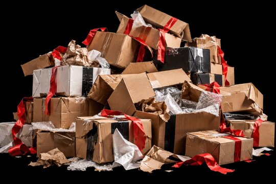 Pile of gift boxes wrapped in brown paper and tied with bright red ribbons creates a festive display.