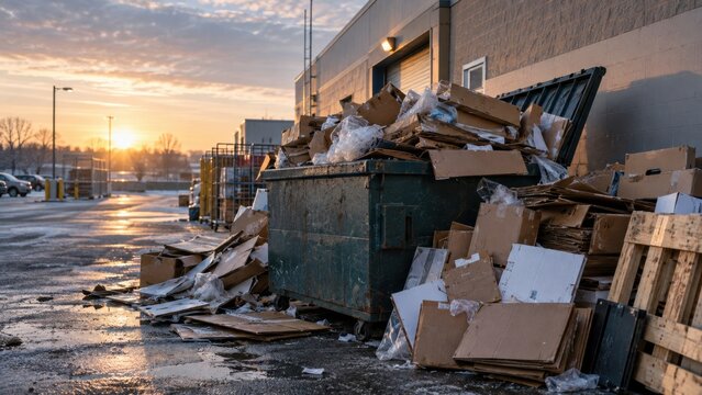 Dumpster overflowing with discarded cardboard boxes and wooden pallets waits under a warm sunset light.