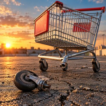 Shopping cart with a detached metal wheel sits abandoned on cracked asphalt during a golden sunset.
