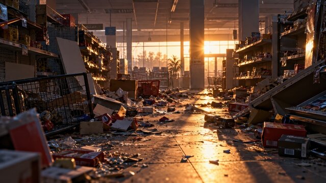 A supermarket aisle is in disarray with fallen boxes and scattered products, bathed in the warm, dramatic glow of a setting sun filtering through the entrance.