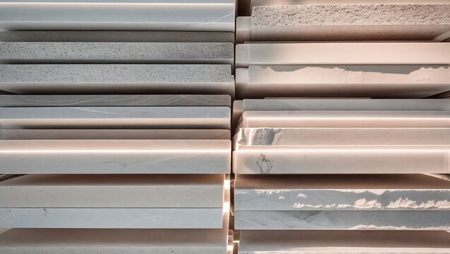 Stacked polished marble and rough limestone slabs in white and warm gray tones with amber backlit glow in stone showroom