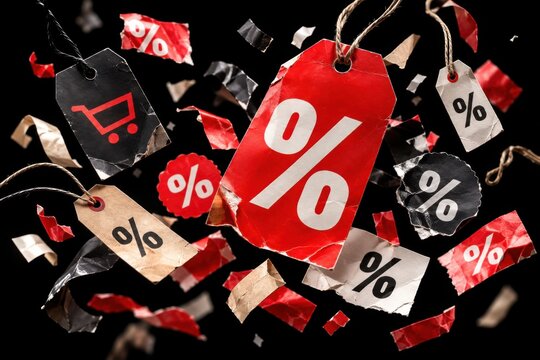 A chaotic explosion of red and black discount tags and confetti with percentage symbols suggests a massive sale event with dramatic visual flair.