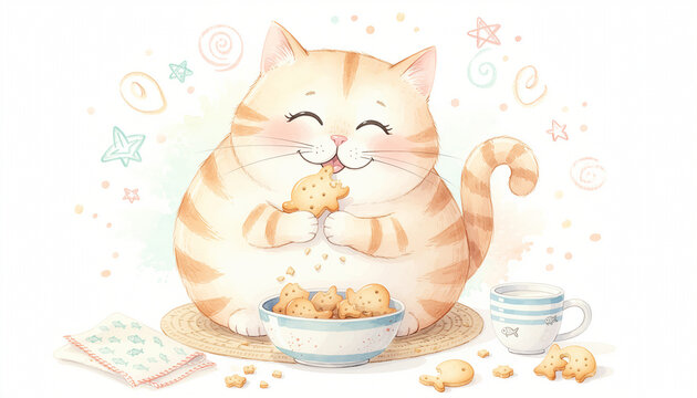 Whimsical orange cat enjoying a fish-shaped cookie beside a bowl of treats and tea in a pastel illustrated scene