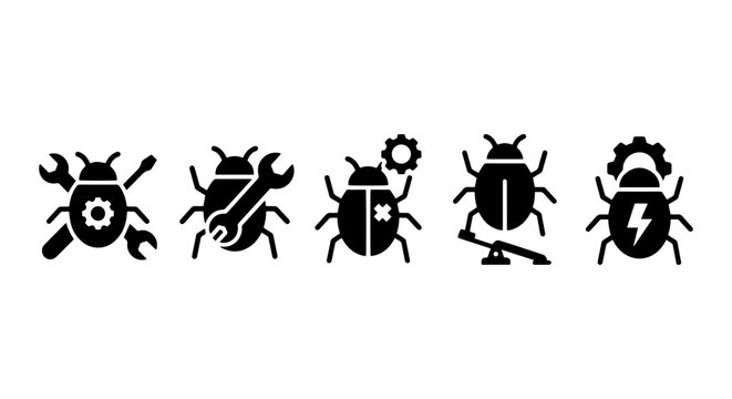 Bug Icons Set, Technology Insects Vector Graphics, Software Debugging Symbols, Computer Science Icons