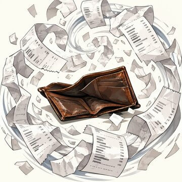 An open, empty brown leather wallet is surrounded by a swirling vortex of torn receipts and paper slips, illustrating financial depletion.