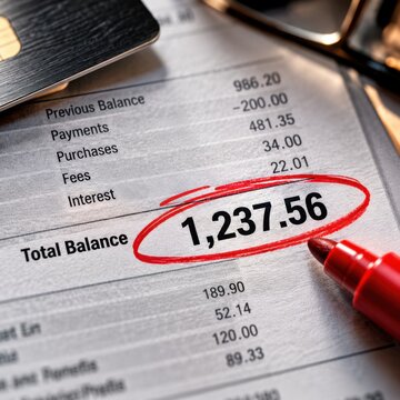 A financial statement showing a total balance is highlighted with a bright red marker, with a credit card and part of a keyboard visible.