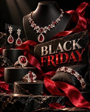 Exquisite ruby and diamond jewelry, including a necklace, earrings, bracelet, and rings, are displayed dramatically with flowing red ribbons on a dark, textured surface for a Black Friday sale.