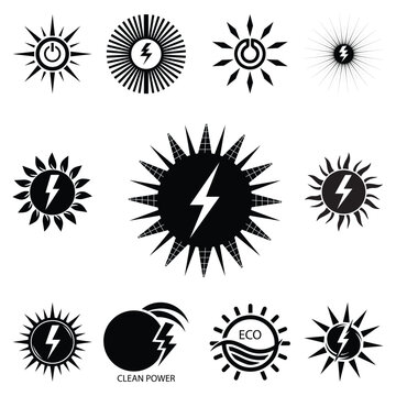 Clean power and solar energy vector icon collection with eco electricity symbols.