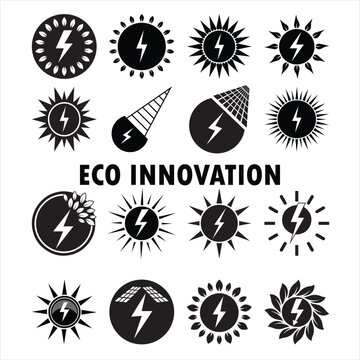 Eco innovation solar power and green energy vector icons set with sun and lightning symbols.
