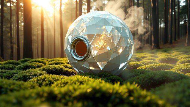 Geometric sphere emits warm glow amidst lush forest floor. Sunlight filters through trees creating dramatic lighting effect. Steam rises gently.