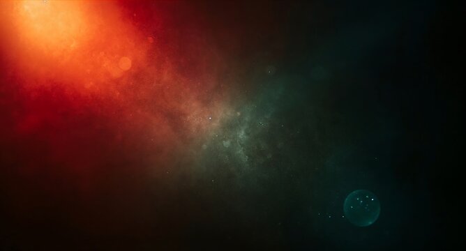 Abstract cosmic background with glowing orange light and teal nebula particles in deep dark space