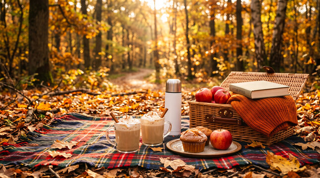 Autumn picnic in forest with hot cocoa, basket and blanket, fall season relaxation and outdoor enjoyment