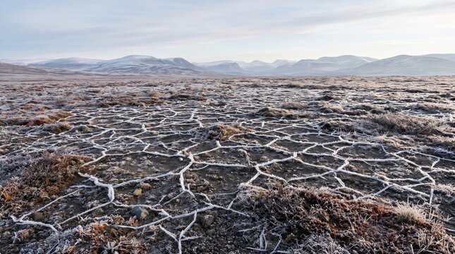 Frost polygons on arctic tundra ground with distant mountains and copy space