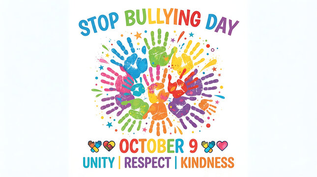 STOP BULLYING DAY" in a light blue-to-green gradient above, "OCTOBER 9" in orange flanked by small butterfly and heart icons below, and "UNITY | RESPECT | KINDNESS" in dark red at the bottom.

