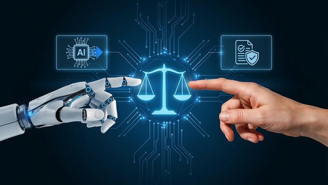 Robot hand and human finger touching scales of justice for AI legal decision making concept.