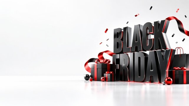 Black Friday typography rendered in bold 3D black letters sits beside wrapped gift boxes and flowing red ribbons on a clean white surface.