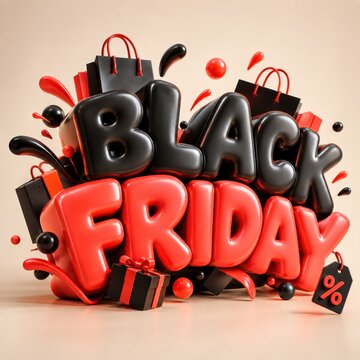 Black Friday shopping concept showcases glossy black and red bubble-style text floating amidst gift bags and floating spheres.