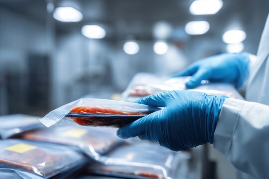 青い手袋をはめた手が真空パックされた食品を扱う